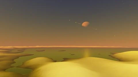 Titan Surface Methane Lake and Saturn in Sky 8K 3D Stock Illustration