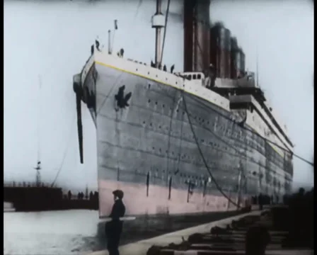 Titanic Ship at the docks Front Original Historical Couloured 2 Stock Footage 36268293