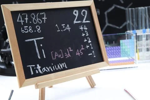 Titanium and symbol structural formula chemical on the blackboard 스톡 사진