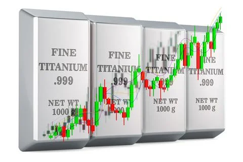 Titanium bars with candlestick chart, showing uptrend market. 3D rendering Illustrazione stock