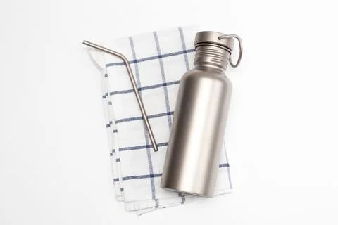 Titanium Hydration Bottle and reusable stainless steel straws Stock Photos