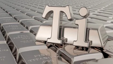 Titanium ingots background with Ti symbol. 3D rendering Illustrazione stock