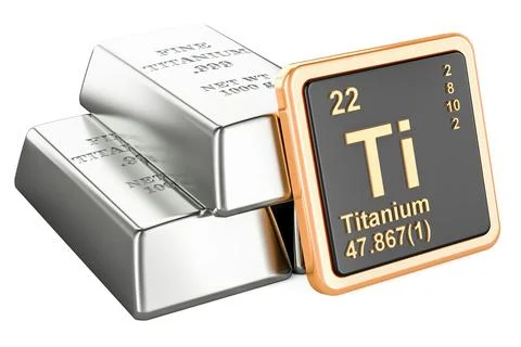 Titanium ingots with chemical element icon Titanium Ti, 3D rendering Illustrazione stock