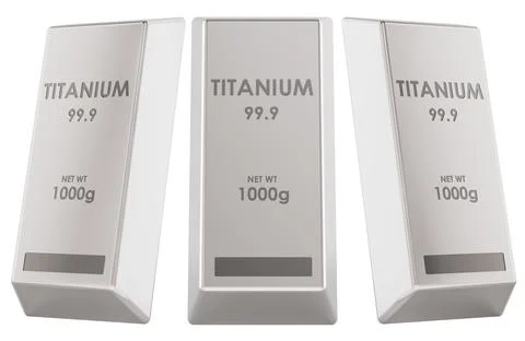 Titanium ingots, front and side views. 3D rendering Illustrazione stock