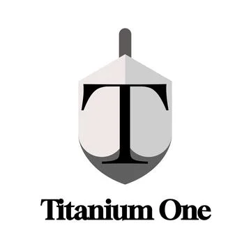 Titanium one text in black with black t letter on grey shield logo on white Stock Photos