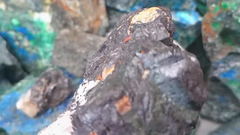 Titanium Raw Ore on Copper with Azurite, Malachite &amp;amp; Bornite Stock Footage 324553290