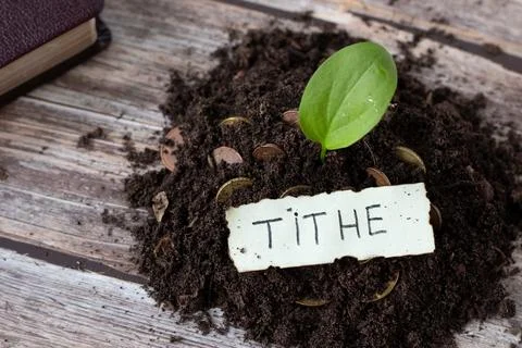Tithe, handwritten text word on soil with coin money and green leaf Stock Photos