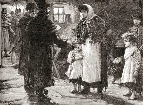 A Tithe Proctor Visiting A Family In Ireland In The 19th Century. A Tithe Wa Stock Photos