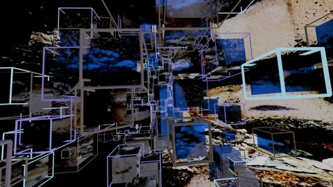 Title: Falling Through Neon Cubes: Immersive Downward Camera Motion, Abstract Stock Footage 305851229