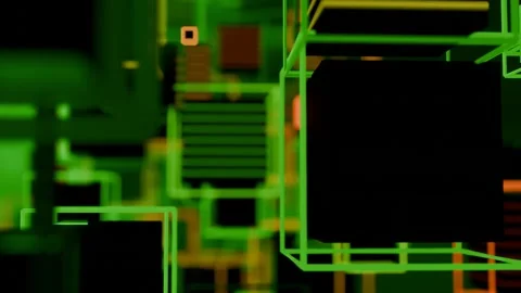 Title: Fragmented Neon Cube Tunnel: Immersive Camera Flight, Abstract 3D Debris Vidéo 305851136