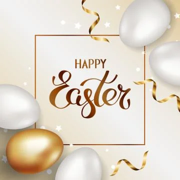 Title Happy Easter in frame. Gold and white easter eggs on light background Stock Illustration