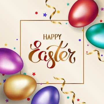 Title Happy Easter in frame. Gold and colorful easter eggs on light background Ilustración de archivo