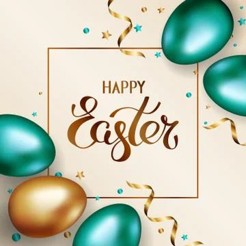 Title Happy Easter in frame. Gold green metallic easter eggs on light background Stock Illustration