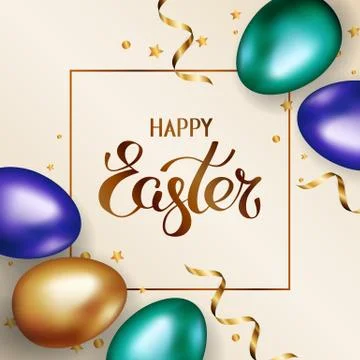 Title Happy Easter in frame. Gold and colorful easter eggs on light background Stock Illustration