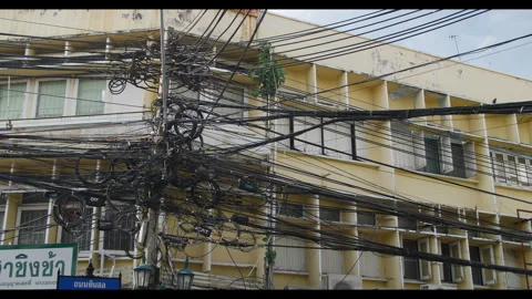 Title Messy Overhead Power and Telecommunication Cables in Bangkok, Thailand Stock Footage 324559565