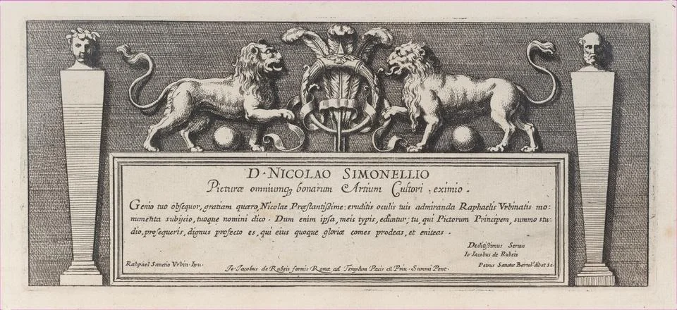 Title-page to a series of fifteen plates, with two lions over a scroll faci.. Stock Photos