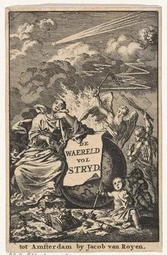 Title page for: Waereld full of stryd , 1706. The globe is flanked by two ... Stock Photos