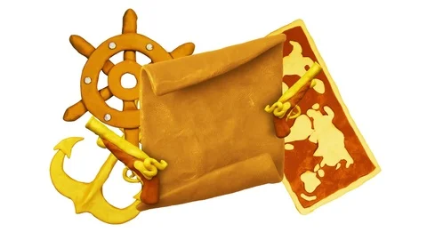 Title plate, Map, Helm, Anchors and Pistols. Alpha matte. Claymation. 4K Stock Footage 75140984