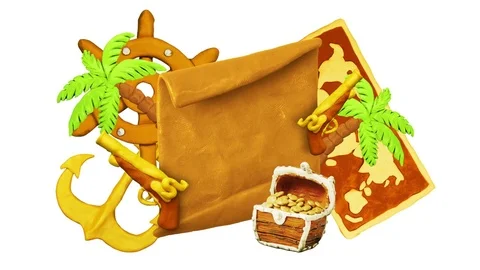 Title plate, Map, Helm, Treasure chest, Palms, Anchors and Pistols. Alpha matte Stock Footage 75141163