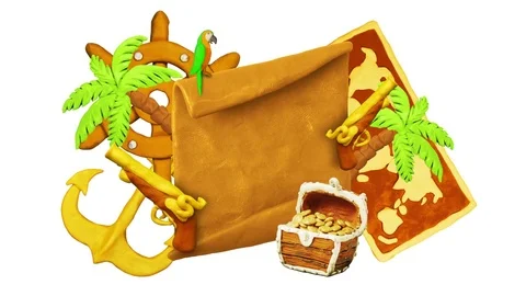 Title plate, Map, Helm, Treasure chest, Parrot, Palms, Anchors and Pistols Stock Footage 75141613