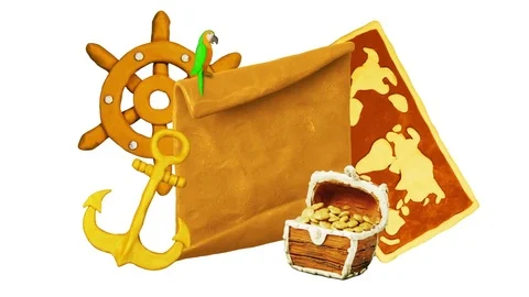 Title plate, Map, Helm, Treasure chest, Parrot, Anchors. Alpha matte. Claymation Stock Footage 75142103