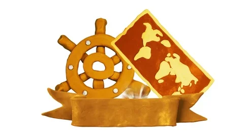 Title plate, Treasure chest, Map, Helm and Pistols. Alpha matte. Claymation. 4K Stock Footage 75126703