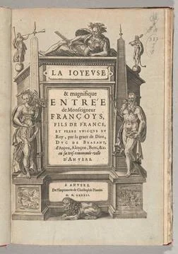 Title print for the description of the arrival of the Duke of Anjou in Ant... 스톡 사진