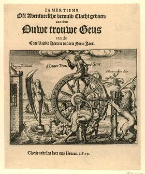 Title print of the leaflet: Iamertiens oft Aventuersche Repentation Clavan... Stock Photos