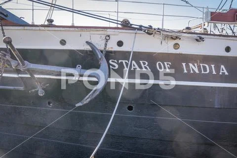 Title on Side of Star of India Historic Boat Stock Photos
