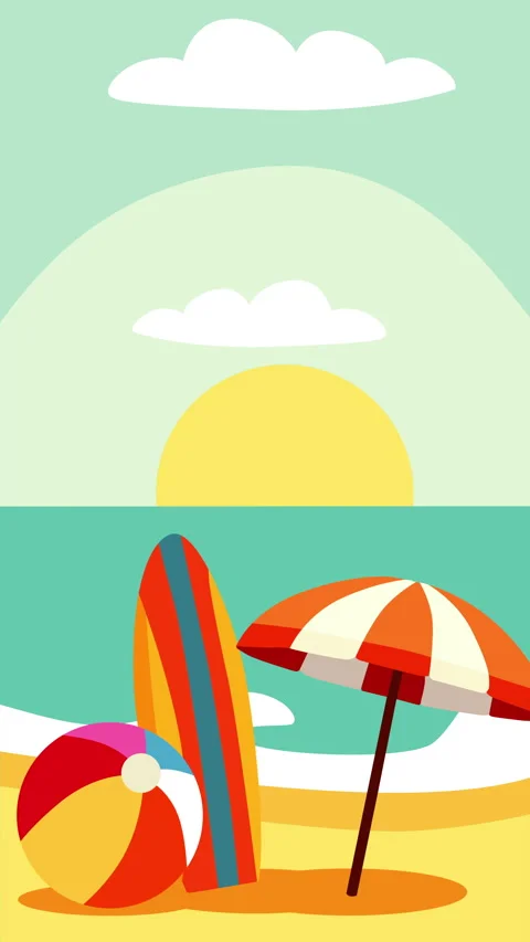 Title Summer Beach Vacation Scene with Surfboard Umbrella and Sunset Seaside Video stock 331752399