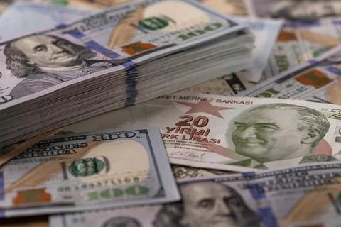Title Turkish Lira and US Dollar Currency Mixture Stock Photos