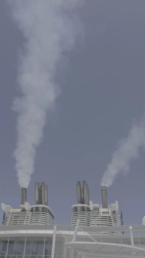 Title: Vertical 4K LOG Cruise Ship Funnel Smokestacks Emitting White Smoke Ungra Vídeos de archivo 335107064