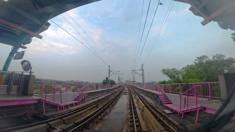 Title: The view from the last coach of a driverless metro train 스톡 동영상 345009095