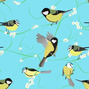 Titmouse pattern with flowers Stock Illustration