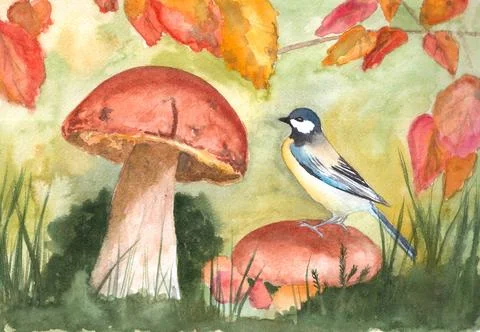 Titmouse sitting on mushroom among grass and autumn leaves, watercolor Stock Illustration