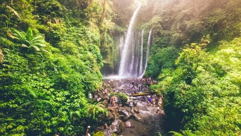 Tiu Kelep Waterfall Near Rinjani in Lombok Island, Indonesia Stock Photos