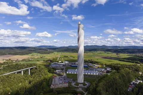 TK Elevator test tower 246 metre high lift test tower for express and Stock Photos