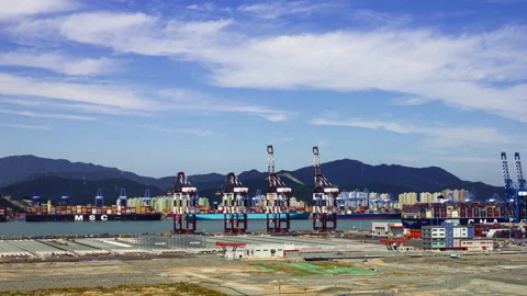 T/L 5K Beautiful View of Crane and Cargo Container in Sinhangman ,One of Stock Footage 164011261