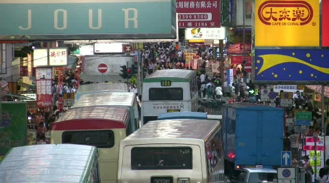 T/L Asian City Bustle Hustle China Hong Kong Mong Kok busy traffic congestion Stock Footage