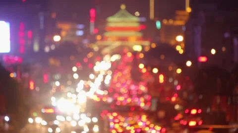 T/L HA View of Traffic on north Street and North gate of city wall at night Stock Footage 57833963