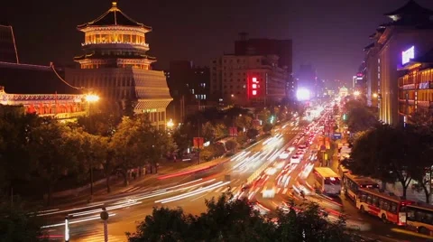 T/L HA View of Traffic on north Street and North gate of city wall at night Stock Footage 57835247