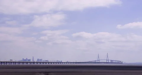T/L Landscape of Incheon Bridge at time lapse view over the sky Stock Footage 162559615