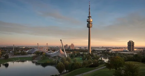 TL, ND, Munich skyline at sunrise, Olympiapark, Lockdown Stock Footage