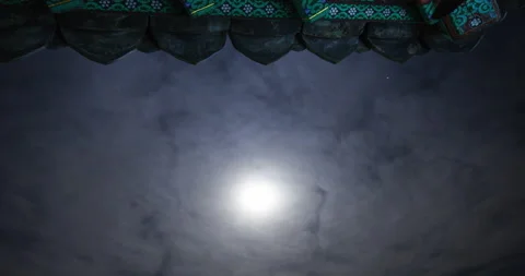 T/L Night secene of Temple eaves with moon and clouds moving Stock Footage 162593434