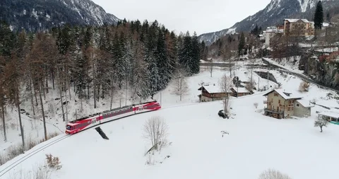 TMR train arrival in Les Marécottes - Aerial 4K Stock Footage 104598768