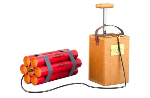 TNT bomb explosive with Blasting machine, shot exploder. 3D rendering TNT ... Stock Photos