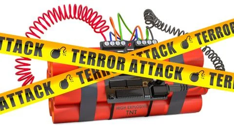 TNT bomb explosive with digital countdown timer clock and danger caution barr Stock Illustration