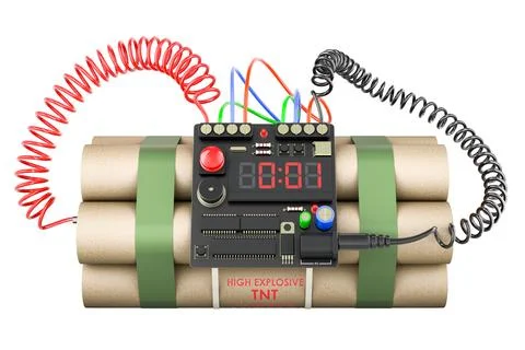 TNT bomb explosive with digital countdown timer. 3D rendering Stock Illustration