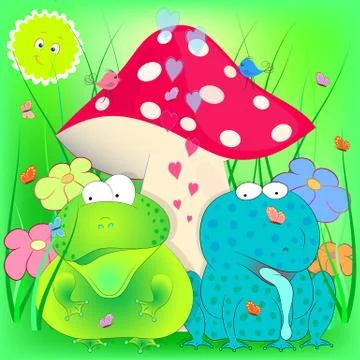 Toad and frog under the mushroom. cartoon vector illustration. Stockillustratie