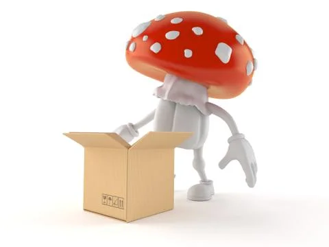 Toadstool character with open cardboard box Stock Illustration